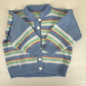 Vintage Handmade Rainbow Cardigan with Cozy White Heart Buttons